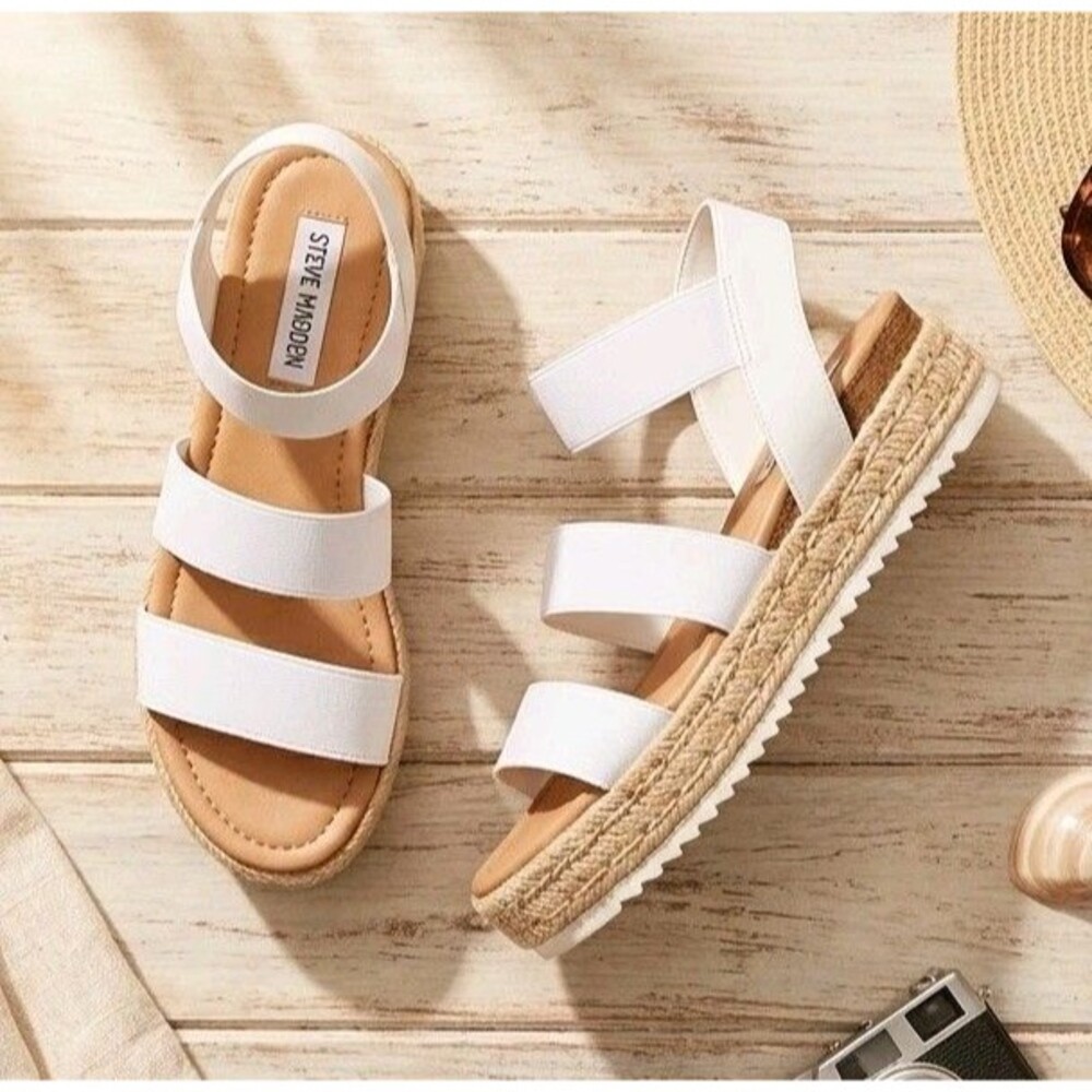 Steve Madden Bandi White Elastic Strap Espadrille Platform Wedge Sandals Size 8